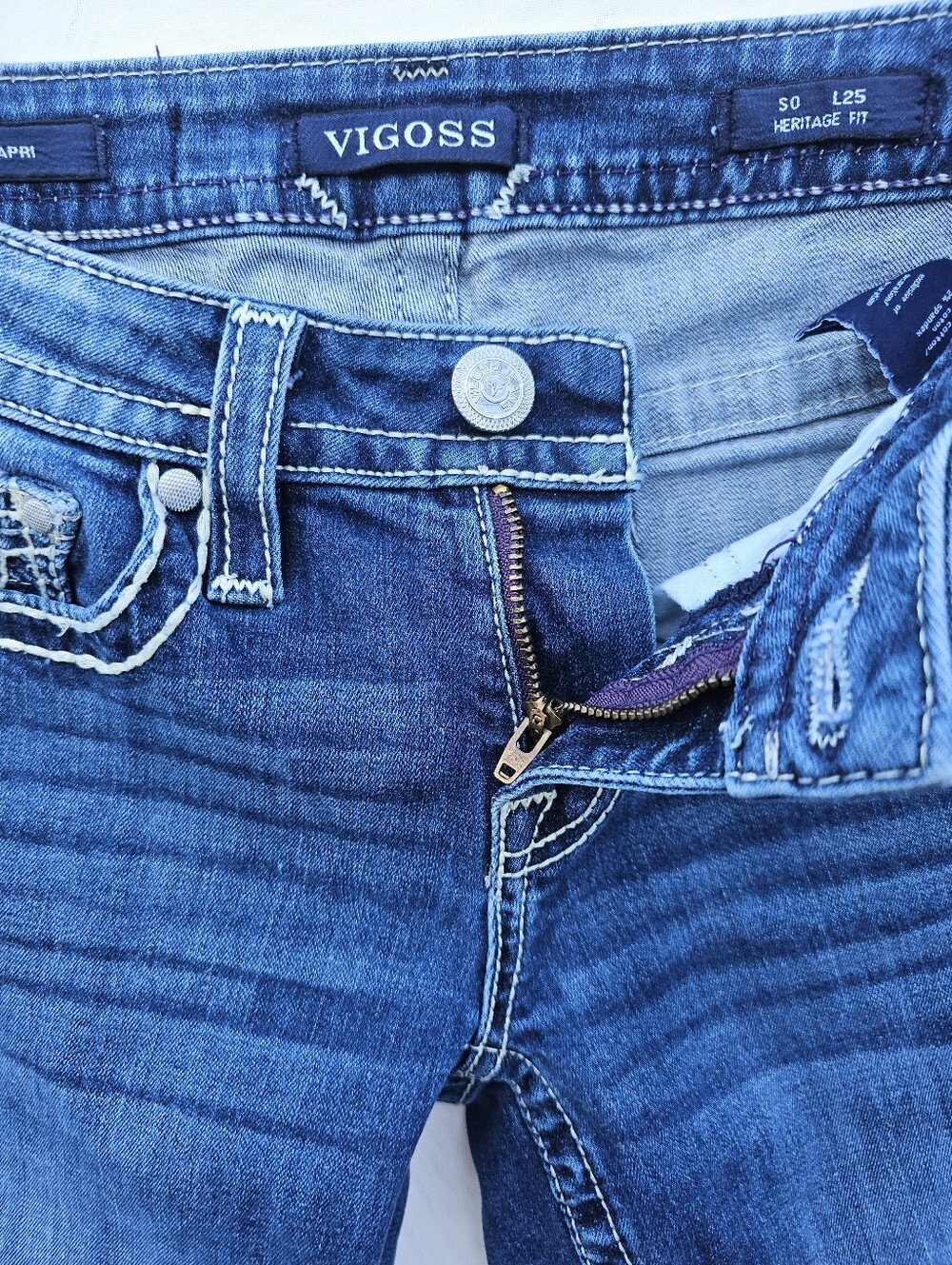 Vigoss Heritage Fit Capri Jeans Size 0 (25" Waist) Dark Wash Thick Stitching - Picture 14 of 15